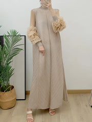 Pleated Maxi Long Dress Mesh Petal Sleeve Half Turtleneck Formal Dresses