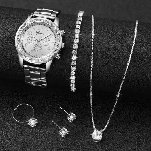 6PCS/Set Fashion Rhinestone Women Watches Analog Quartz Wrist Watch Jewelry Set Reloj Mujer(Without Box)
