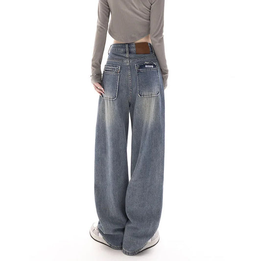 Retro Wide Leg High Waist Straight Streetwear Style Blue Jeans Pants