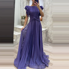 Women Maxi Dress Elegant Lady O Neck Short Ruffled Sleeve A Line Dress