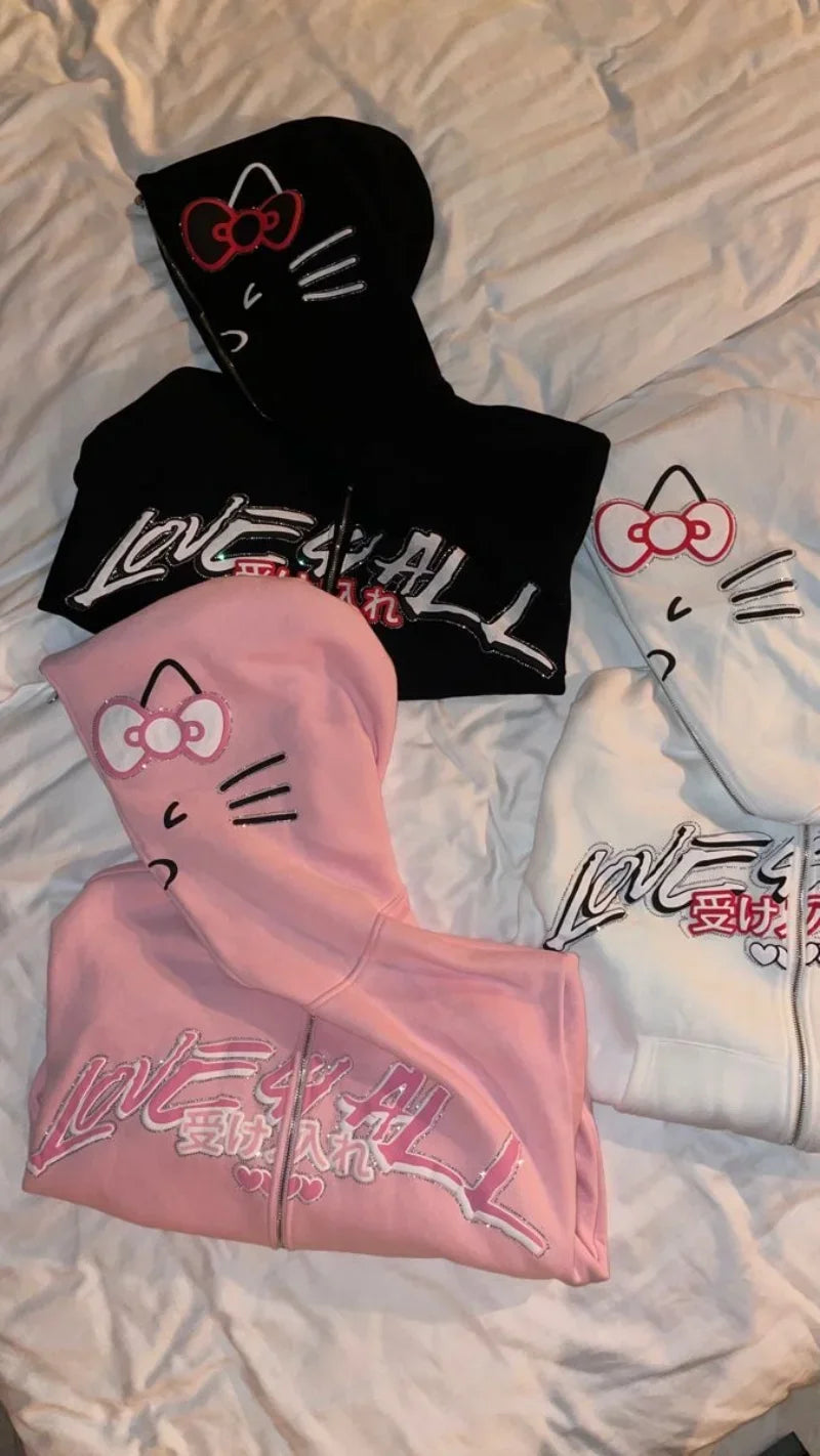 Y2K Style Zip Up Hoodie Women Men Cute Print Oversized Hooded Streetwear Casual