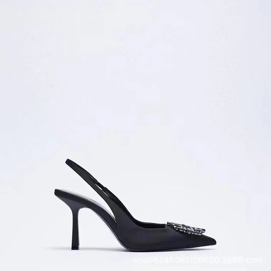 TRAF Black Women Pumps Shoes 2024 Fashion Rhinestone High Heels Female Sandals