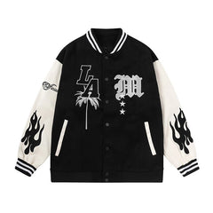 Letter Embroidery Men's Baseball Jacket Y2k Flame Leather Varsity Jacket Windbreaker