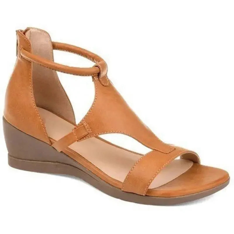 Women'S Vintage Open Toe Sandals Ladies Wedges Sandals PU Leather Mid Heel
