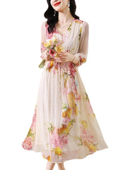 Evening Dresses: Floral Silk V-Neck Bandage Long Dress Women Elegant Casual