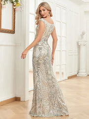 Homecoming Dresses: V Neck Silver Sequin Evening Dress Women Sleeveless Party Maxi