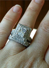 14K White Gold Vintage Promise Lab Diamond Ring Set Party Wedding Band Rings