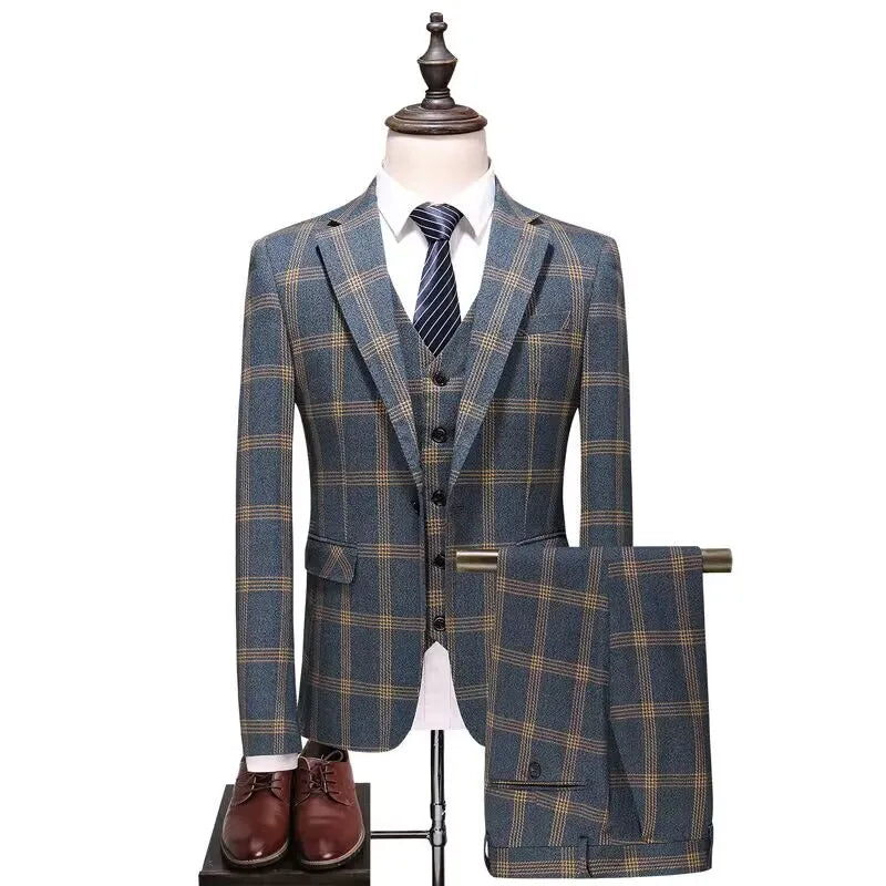 Tuxedo for Mens: Slim Fit Plaid Blazer Set Formal Business Notch Lapel One Button