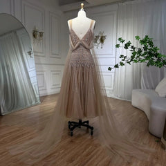 Homecoming Dresses: A-Line Midi Straps Cape Sleeves Beaded Evening Dresses Gowns
