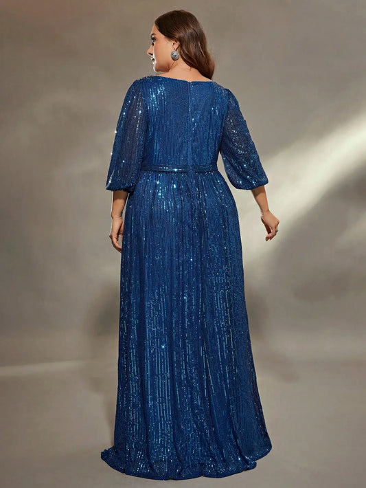 Mgiacy plus size V-neck bust pleated mid-long sleeve A-frame sequin long dress