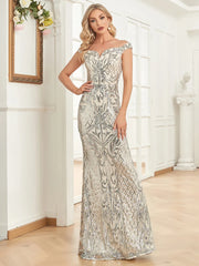 Evening Dresses: Elegant V Neck Silver Sequin prom Dress Women