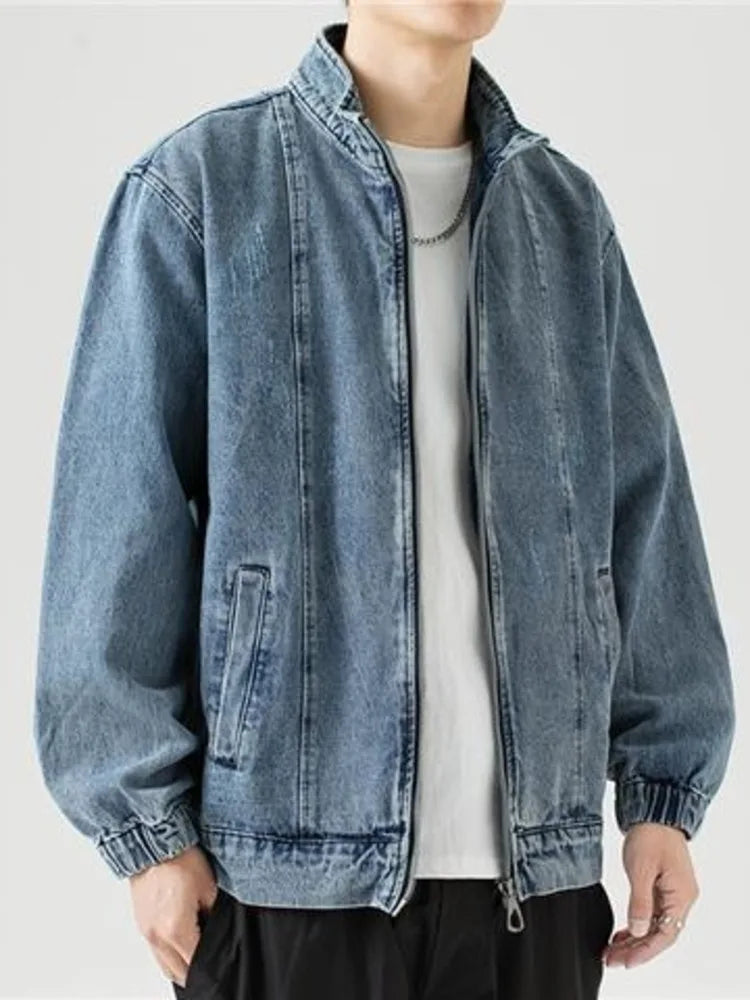 Stand Collar Denim Jacket Men Casual Autumn Zip Closure Jacket