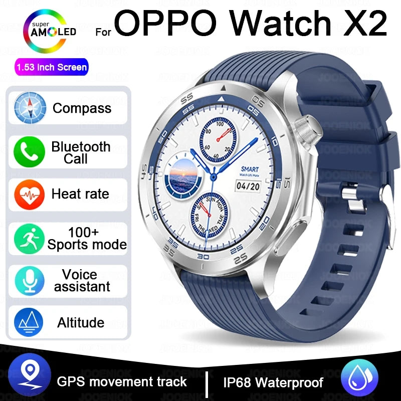 2025 New OPPO X2 Smart Watch Men's GPS Sports IP68 Waterproof Compass Heart Rate Blood Oxygen Bluetooth Call Smartwatches IOS