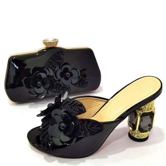 Matching Shoes and Bags: Gold Women Shoes Match Purse With Rhinestones And Beads