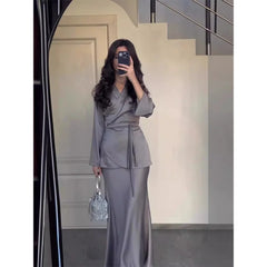 Women's V Neck Satin Dress Elegant Long Sleeve Elastic High Waist