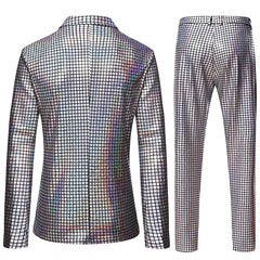 Mens Stage Prom Suits Shiny Rainbow Plaid Sequin Jacket Pants