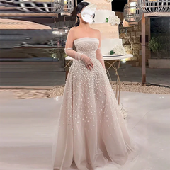 Homecoming Dresses: Beige Strapless Beaded Elegant A Line Long Evening Dresses
