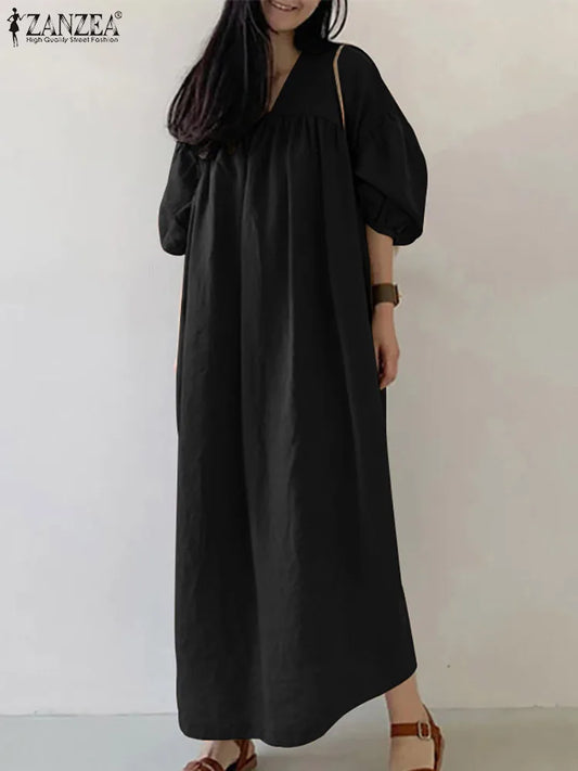 Women Summer Maxi Dress Fashion Solid Long Robe V Neck Half Puff Sleeve