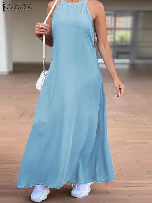 Fashion Denim Long Dress Women Halter Swing Sundress Holiday Sleeveless