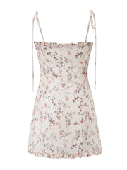 French style Summer Light Pink Flower Print Wood ears Slash Collar Mini Dress