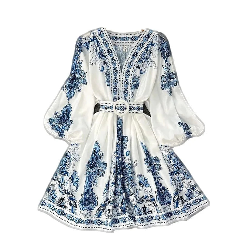 Evening Dresses: Women Blue Print V-Neck Long Sleeve Bohemian Dress