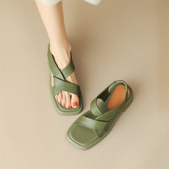 Women Genuine Leather Sandals Square Toe Platform Block Mid Heels