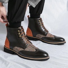Luxury Men High-Top Leather Chelsea Boots Vintage Retro Patchwork Brogue Boots