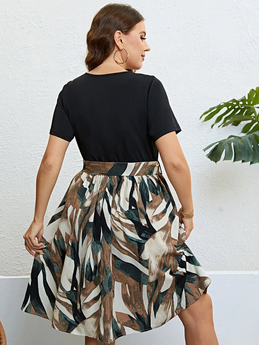 Plus Size Cut Out Crew Neck Womne's Dress Patchwork A-Line Color Block Short