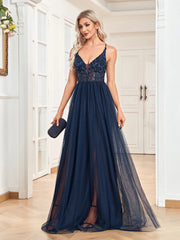 Homecoming Dresses: V Neck Navy Tulle Backless Chiffon Party Maxi Dress