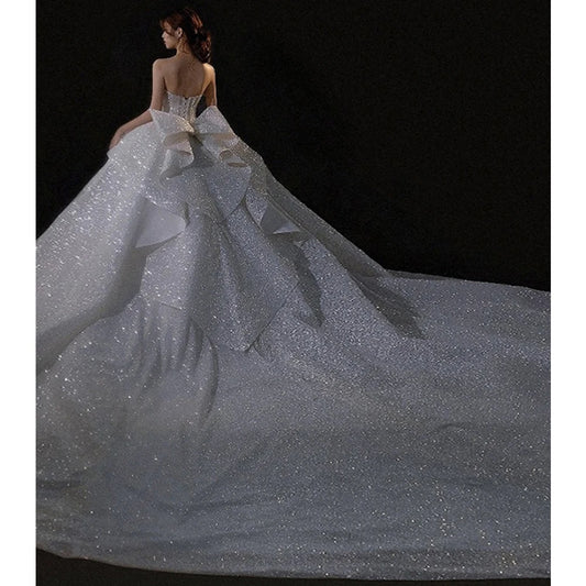 White Bridesmaid Dresses: Neck Lace Up Back Super Shiny Ball Gown Wedding Dress