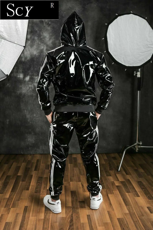 Men's and women's PU leather Hoodie suit leisure sportswear Hoodie jogging suit sportswear men's suit bright leather sportswear