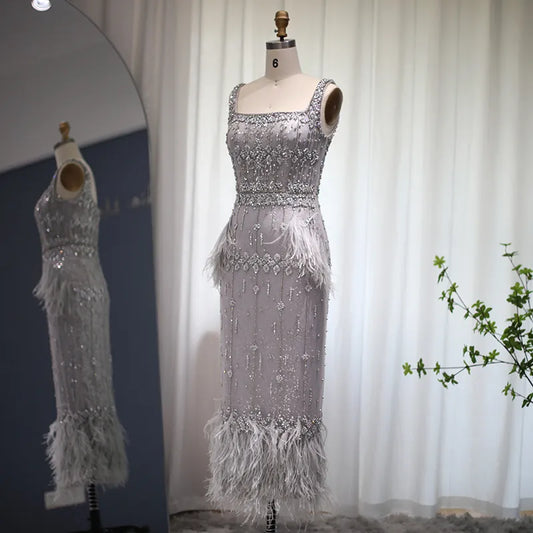 Evening wear Dresses: Bling Gray Mermaid Arabic Evening Dress with Cape