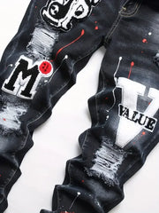 Men y2k Stretchy Denim jeans Ripped Skinny Letter Print elastic waist Casual pants