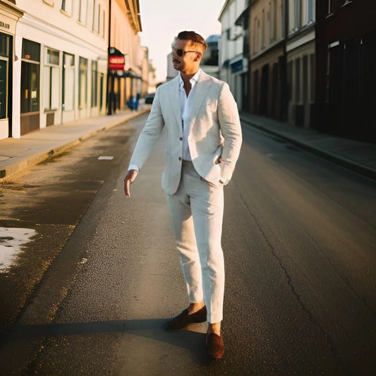 Beach Wedding Outfit Men: Linen Wedding Tuxedo Slim Fit Men Suit Notched Lapel