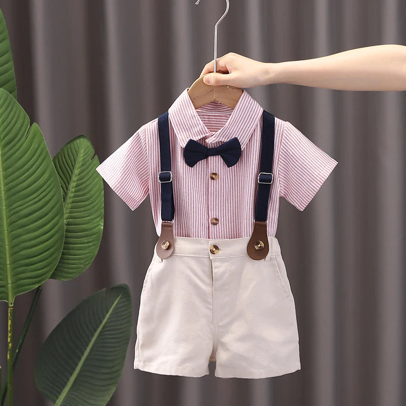 New Summer Kids Boy's Clothes Suits Children Blue Striped Shirt Bib Shorts 2Pcs/Set Gentleman Toddler Baby Tracksuits 0-5 Years