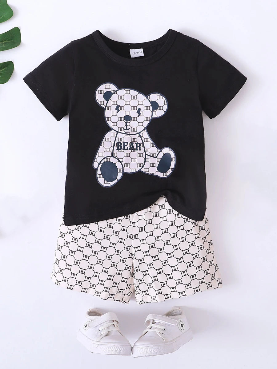 2PCS Kids Boys Summer Clothing Set Bear Print T-shirt + Wave Point Shorts Fashion Casual Sports Suit for Children Boy 1-6 Years