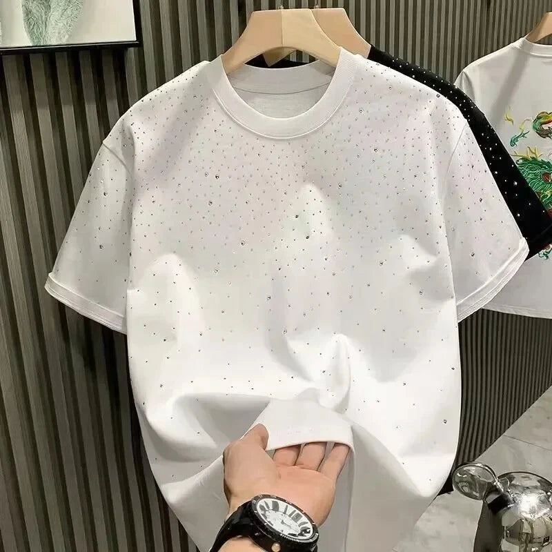 Summer Rhinestone Rivet T-shirt for Men Clothing Round Neck Casual T-shirt Fashion High Street 2025 Men's Summer Short Sleeves