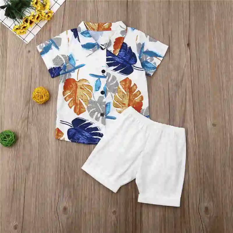 1-6years Toddler Boys Clothes Set Hawaii Print Shirt + Solid Color Short Pants Outfit For Infant Boys
