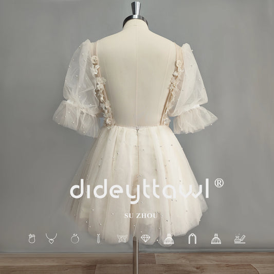 White Bridesmaid Dresses: 3D Flowers Puff Sleeves Short Wedding Dress