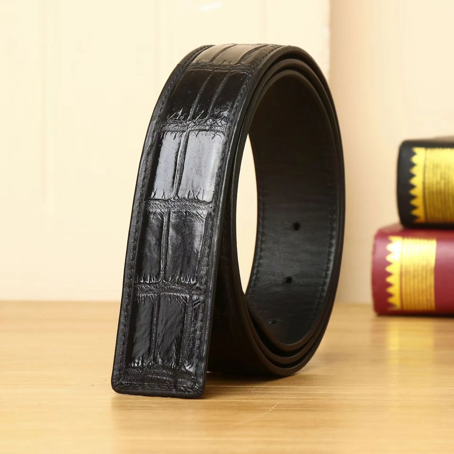 3.8 wide punched men's cowhide leather belt, high-end fashion trend crocodile pattern genuine leather belt without buckle durabl