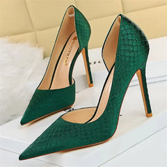 Women 7.5cm 10.5cm High Heels Elegant Pumps Lady Plus Size Silk Satin Green