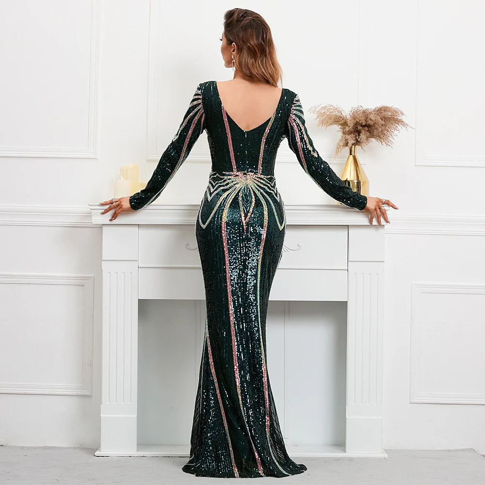 Evening wear Dresses: Full Sleeve V Neck Mermaid Evening Night Long Party Dress