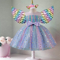 Children's Unicorn Dress Girls Rainbow Wedding Birthday Party Princess Dress Halloween Unicorn Performance Cosplay Costume 3-8Y