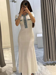 Women's Metal Button Patchwork Denim Knit Long Dresses