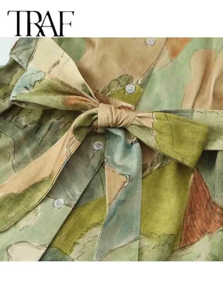 TRAF Summer Dress Fashion Green Print Long Dresses For Women