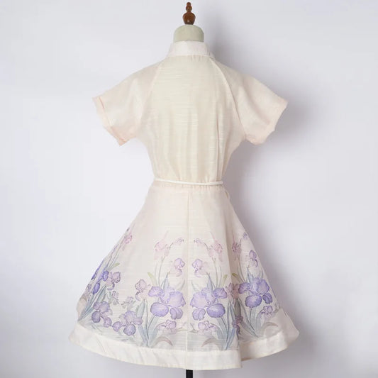 Floral Print Collar Bow Tie Scarf Neck Short Flare Sleeve Women Ladies