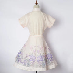 Floral Print Collar Bow Tie Scarf Neck Short Flare Sleeve Women Ladies