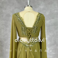Evening Dresses: V-Neck Cut Out Long Sleeves Prom Dress A Line Tiered Lace Up