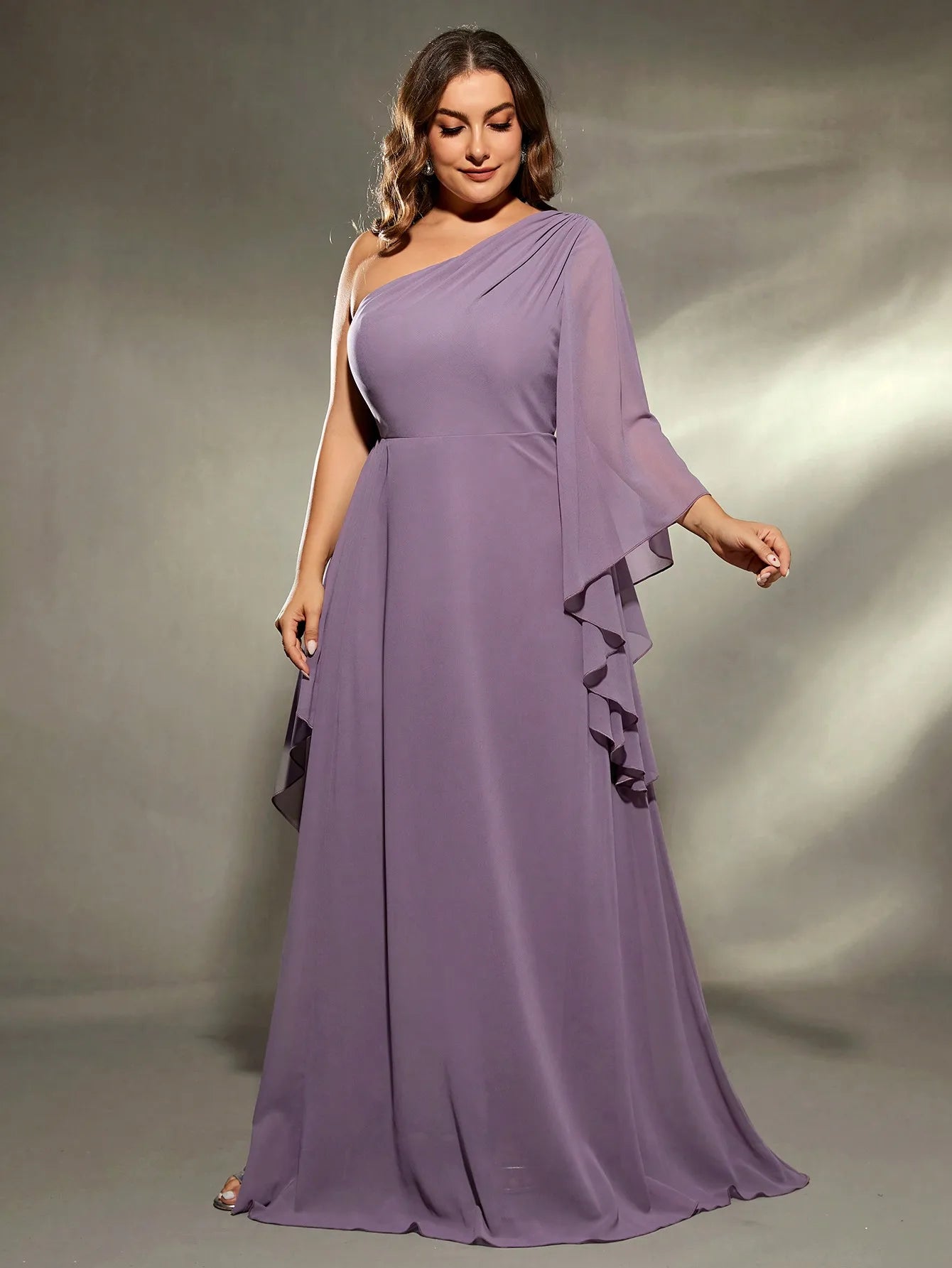 Mgiacy plus size One shoulder large long sleeve irregular lotus towel chiffon long dress