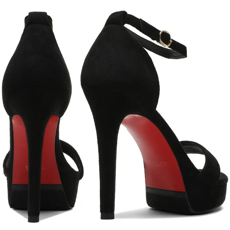 Women 12cm High Heels 2cm Platform Black Sandals Lady Stiletto Heels Strappy